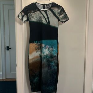 McQ by Alexander McQueen Black Teal Brown Printed Midi Dress